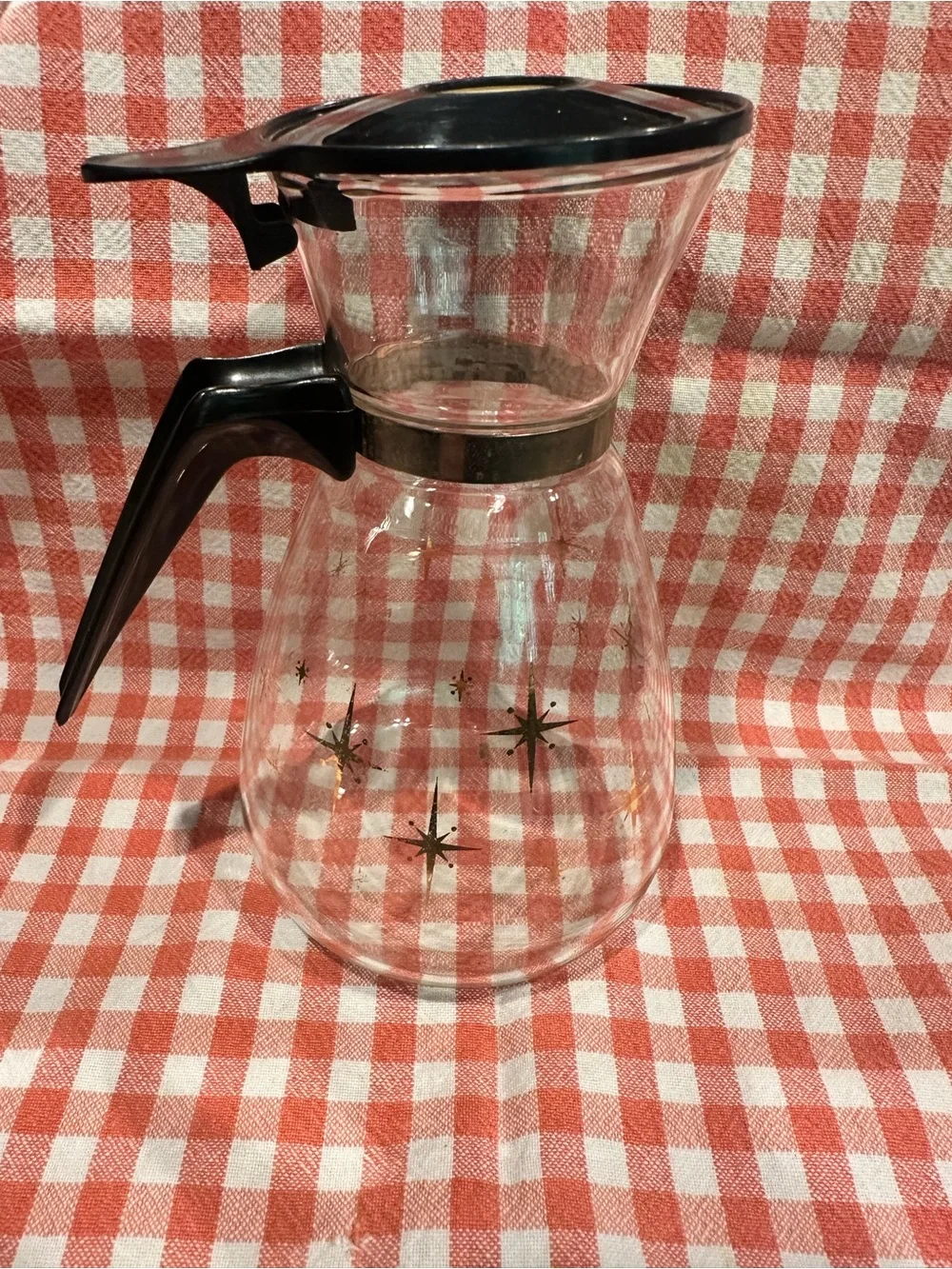Pyrex Glass Coffee Carafe with Black Handle and Starburst Pattern